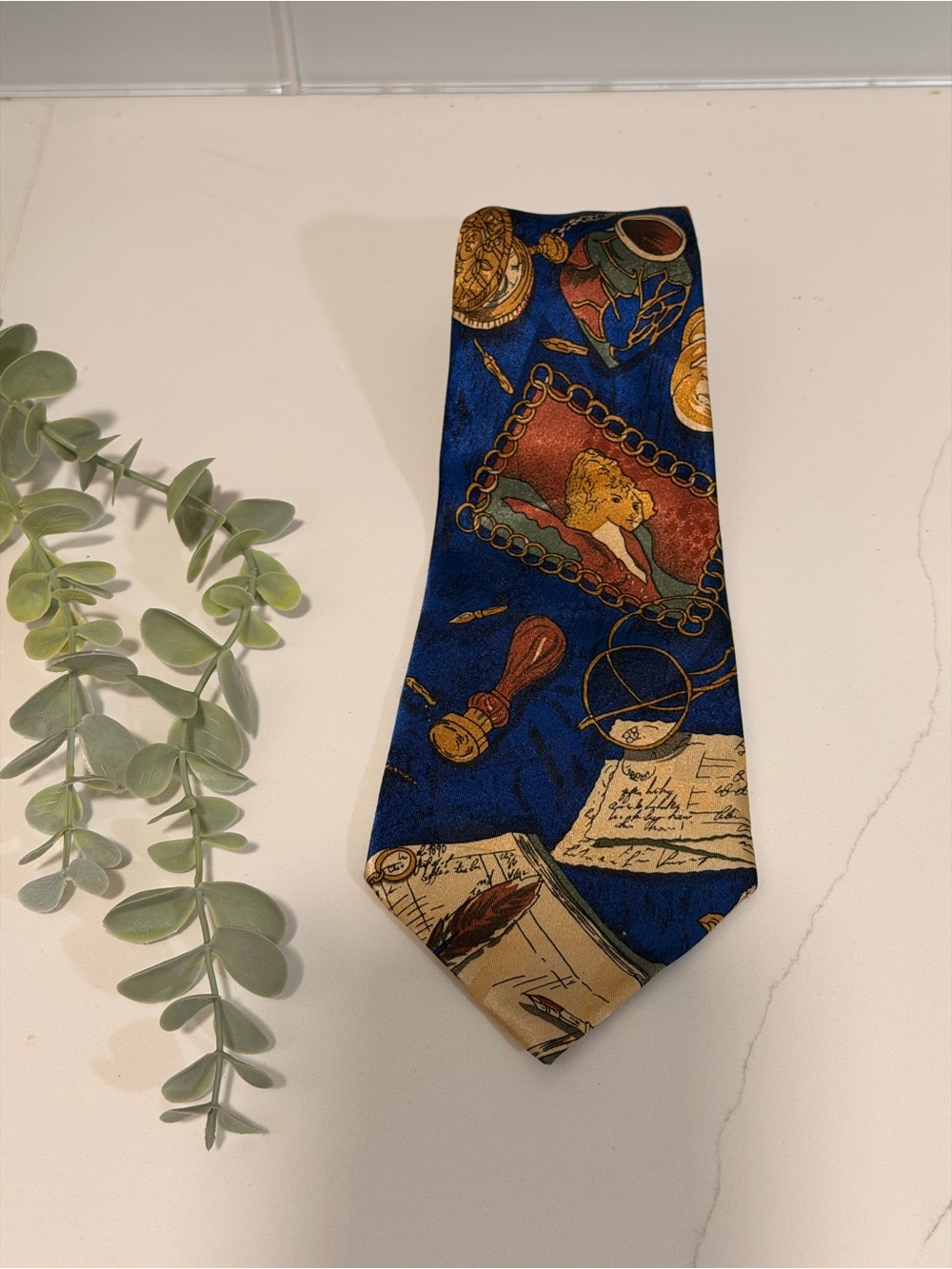 Vintage Hand Made Pascal blue silk necktie charming novelty print Antique